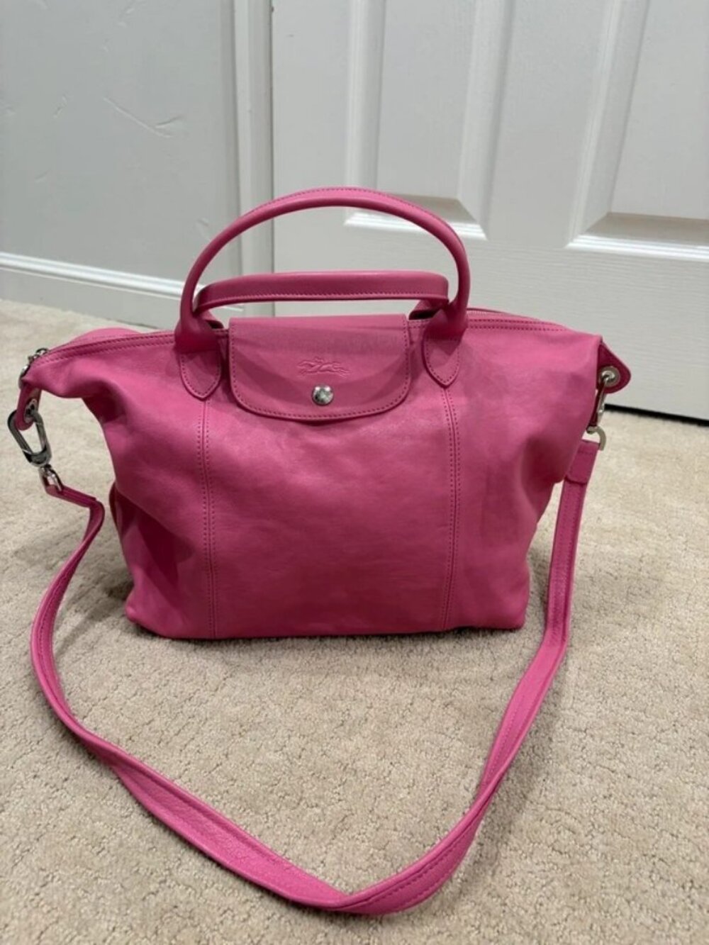 Longchamp Pink Le Pliage Cuir Handbag with Detachable Shoulder Strap, Excellent